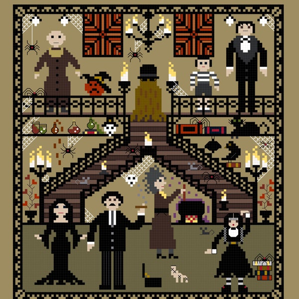 PDF, Addams family, Cross stitch, Addams family cross stitch, Morticia, Gomez, Wednesday, Pugsley, Uncle Fester, Lurch, Thing, Cousin It PDF