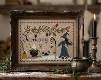 January Witch Calendar Cross Stitch Pattern, Black Cat, Spiders (PDF)