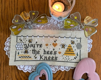 PDF, Bees,  You’re the bee’s knees cross stitch pattern, Bees cross stitch, Bees, Honey home, Beehive, Honeycomb  Bees pattern