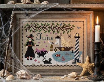 Witchy June Calendar Cross Stitch Pattern, Beach Theme (PDF)