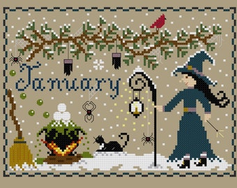 PDF, Witch calendar January month of the year, Cross stitch, Witchy Calendar, PDF, Witch, Black cat, Spiders, Snow