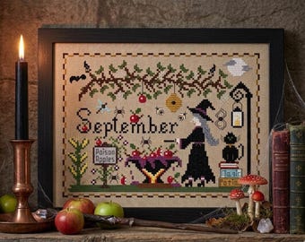 Witchy September Cross Stitch Pattern: Cauldron, Spiders (PDF)