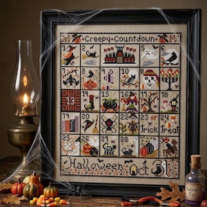 May include: A framed cross-stitch sampler titled Creepy Countdown featuring a grid of thirty numbered squares with Halloween motifs like witches, ghosts, pumpkins, and a haunted castle, all rendered in black, orange, and purple thread on beige fabric.