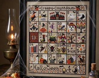 Schema PDF, Conto alla rovescia spettrale di Halloween, Due versioni, Spettrale, Fantasma, Punto croce, Strega, Zucche, PDF