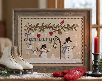 PDF, January cross stitch pattern, Snowman, Snow, PDF