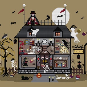 PDF, Dracula Haunted Library, Haunted, Library, Dracula, Ghosts, Skeletons, Books, Ghost women, Bats, Haunted House, Pattern, Cross stitch