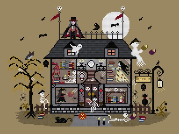 PDF,Dracula Haunted Library Cross Stitch Pattern