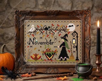 PDF November Witchy Cross Stitch Pattern,  Cauldron Spiders, Turkey, 2 Versions PDF