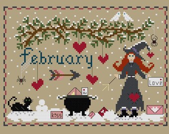 PDF, February Witchy Cross Stitch pattern, Witch, Valentine letters, February, Snow, Hearts