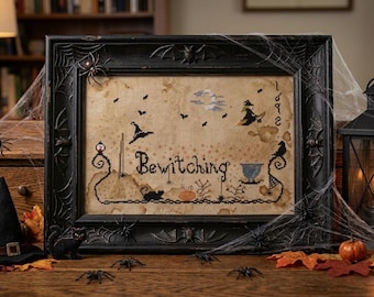 Bewitching Brew Halloween Cross Stitch Pattern, Witches, Cats (PDF Pattern)