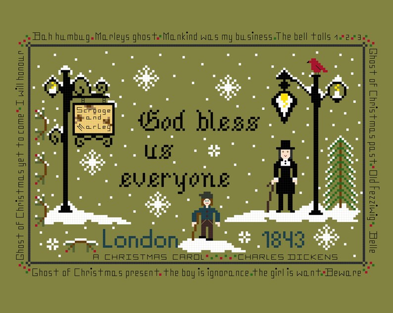 PDF,Dickens God bless us everyone,A Christmas Carol, Dickens, PDF, Cross stitch pattern, Charles Dickens, Scrooge, Marley, Tiny Tim image 4