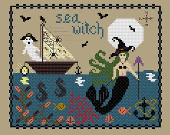 PDF, Sea Witch Cross Stitch Pattern, Sea, Witch, Ghost, Sea Boat, Spiders, Sea Horse, PDF