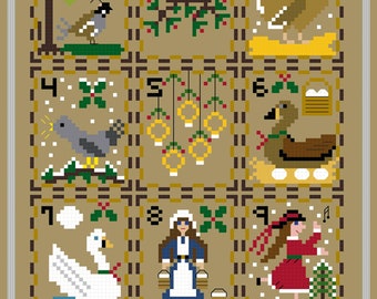 PDF,  12 Days of Christmas, Cross stitch PDF, Christmas, Maids a milking,5 golden rings, Colly birds, Lords a leaping,Swans swimming,