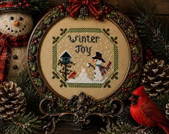 PDF, Winter Joy Cross stitching pattern, Snow, Red birds, Snowman, Birdhouse, Snowing, PDF