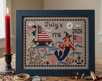 PDF,July 1776-2026 250 year Celebration,  Mermaid Cross stitch pattern, July 4th, Flag Patriotic pattern, PDF, With or without border