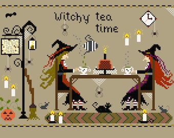 PDF, Witchy Tea Time, Cross Stitch Pattern, Witches, Tea, Cake, Bats, PDF, Magic tea time, Needlework pattern, Halloween pattern