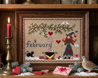 PDF, February Witchy Cross Stitch pattern,  2 Versions, Witch, Valentine letters, February, Snow, Hearts