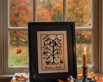 Halloween Spooky Tree Cross Stitch Pattern, Ghosts, Pumpkins (PDF)