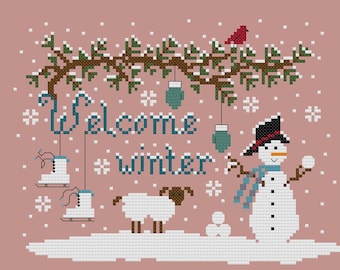 PDF, Welcome Winter cross stitch pdf, Snowman, Pine tree branch, Ice skates, Snow, Mittens, Two versions, With and Without Border PDF