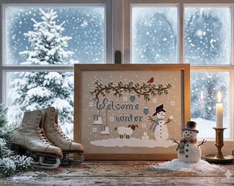 Winter Snowman Welcome winter Cross Stitch Pattern (PDF)