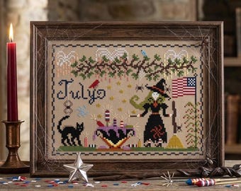 Witchy July Cross Stitch Pattern: Black Cat, Spiders (PDF)