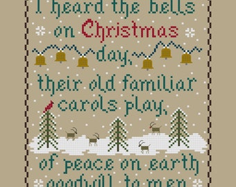PDF, I heard the Bells ring, Cross stitch pattern, PDF, Snow, Deer, Rudolph