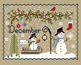 PDF,December month of year, Snowman, Presents, Snow, December Cross Stitch, Evergreen tree, Sled, Candy Canes, Stocking,Letter to Santa