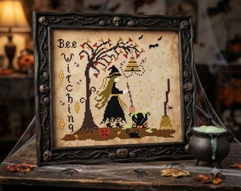 PDF, Bee Witching pattern, Cross stitch pattern, Bees, Witch, Black cat. Beehive, Honeycomb, PDF