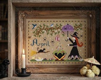 Witchy April Calendar Cross Stitch Pattern, Black Cat, Eggs (PDF Pattern)