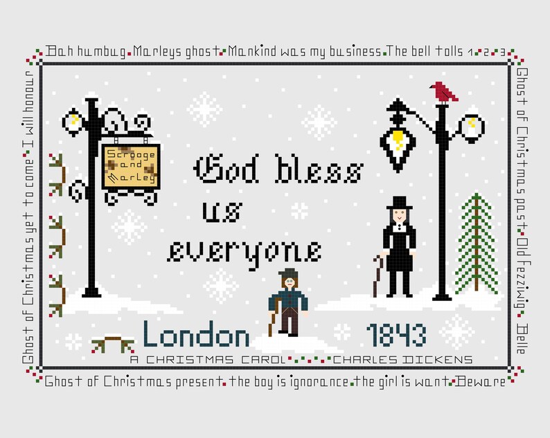 PDF,Dickens God bless us everyone,A Christmas Carol, Dickens, PDF, Cross stitch pattern, Charles Dickens, Scrooge, Marley, Tiny Tim image 5