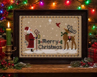 Merry Christmas Star Cross Stitch Pattern, Santa, Rudolph (PDF)