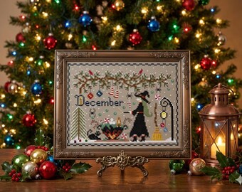 December Witchy Cross Stitch Pattern, Cauldron, Spiders (PDF)