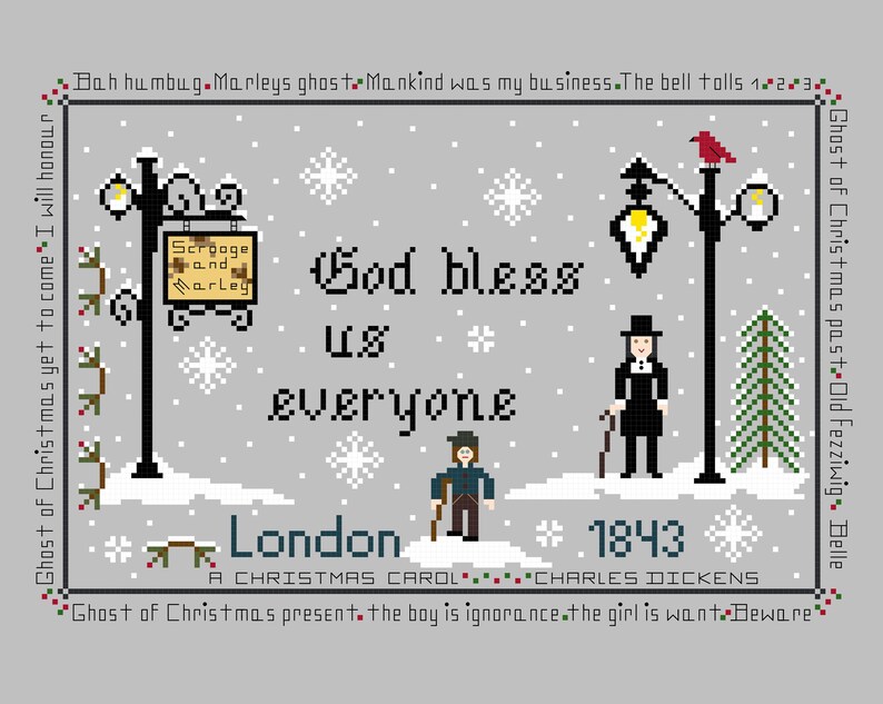 PDF,Dickens God bless us everyone,A Christmas Carol, Dickens, PDF, Cross stitch pattern, Charles Dickens, Scrooge, Marley, Tiny Tim image 2