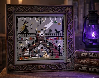 Haunted Witch Library Cross Stitch Pattern, Halloween Skeletons (PDF)