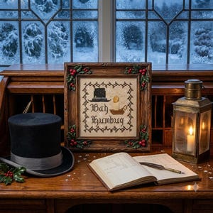 May include: A framed cross-stitch sampler featuring the text Bah Humbug, a top hat, and a candle. The frame is decorated with holly berries and leaves. Beside it sits a black top hat, an open ledger with a quill pen, and a lit metal lantern.