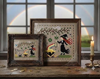 Witchy March Cross Stitch Pattern, Cauldron, Rainbow (PDF)