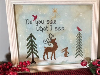 PDF, Do you see what I see, Cross stitch pattern, Gray words or white wording, Christmas pattern, Deer, Snow, Rabbits, Pine trees, PDF