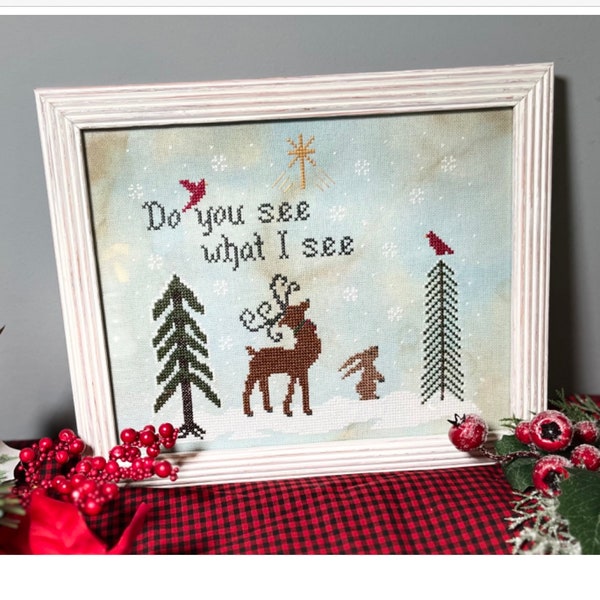 PDF, Do you see what I see, Cross stitch pattern, Gray words or white wording, Christmas pattern, Deer, Snow, Rabbits, Pine trees, PDF
