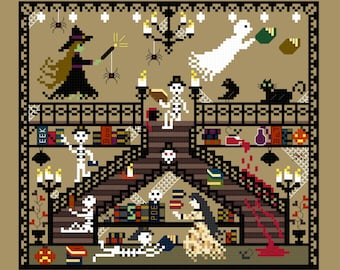 PDF, Haunted witches library, Witch, Ghost, Skeletons, Library books,Spiders, Books, Cross stitch pattern, PDF only, Halloween