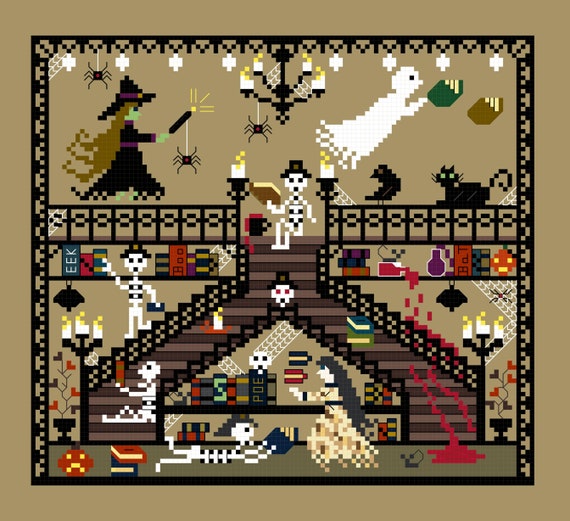 Library Ghost Cross Stitch. Ghost Cross Stitch Pattern. Haunted Library  Cross Stitch. Book Worm Cross Stitch. Halloween Cross Stitch Pattern