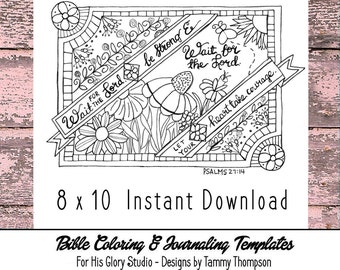 Wait for the Lord - bible journaling, adult coloring, bible, full page printable, instant download, handdrawn diy wall art, Psalms 27:14