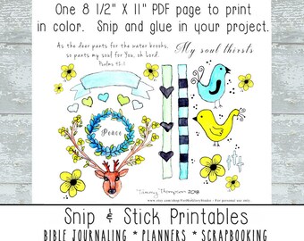 Bible Journaling Printables Snip & Stick  #3 - "Psalms 42- My Soul Thirsts"  Planners, Scrapbooking - watercolor, hand drawn elements
