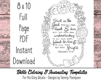 Trust In the Lord - bible journaling, adult coloring, bible verse, full page printable, instant download, handdrawn diy wall art