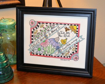 Czekaj na Pana - 8 x 10 ręcznie rysowany wydruk ścienny, natychmiastowe pobranie do wydrukowania i oprawienia, sztuka chrześcijańska, pełna strona PDF, Psalmy 27:14