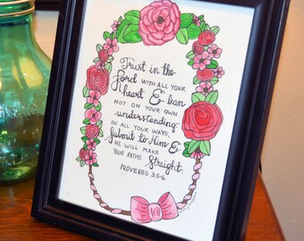 Trust In The Lord - 8 x 10 hand drawn wall art print, instant download to print & frame, christian art, PDF full page, Proverbs 3: 5-6