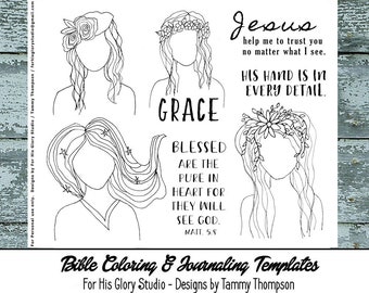 Bible Journaling Ladies / Women One #29 - bible journaling, black & white, PDF, printable, tabs, coloring, bible verses, music, grace