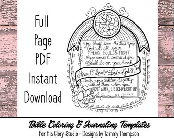 You Shall Love the Lord - bible journaling, adult coloring, bible verse, full page printable, instant download, coloring page, handdrawn