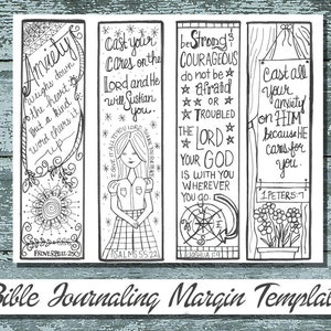 May include: Four black and white printable bookmarks with Bible verses and illustrations. The bookmarks feature quotes such as "Cast your cares on the Lord" and "Be strong and courageous".