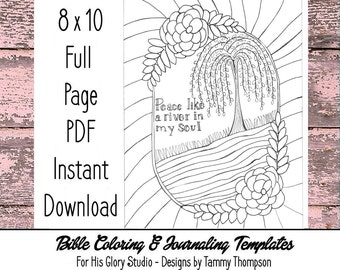 Peace Like A River - bible journaling, adult coloring, bible verse, full page printable, instant download, coloring page, handdrawn