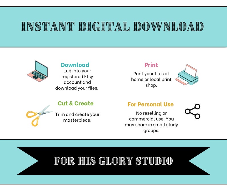 Puede incluir: Un gr&aacute;fico turquesa y blanco con el texto "INSTANT DIGITAL DOWNLOAD" en negro. El gr&aacute;fico incluye instrucciones para descargar, imprimir, cortar y crear un producto digital. El gr&aacute;fico tambi&eacute;n incluye informaci&oacute;n sobre el uso personal y el intercambio. El gr&aacute;fico incluye el texto "FOR HIS GLORY STUDIO" en negro.